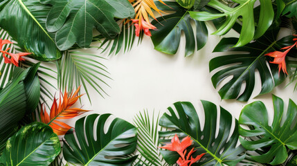 Fototapeta premium Green flat lay tropical palm leaf branches on white background. Room for text, copy