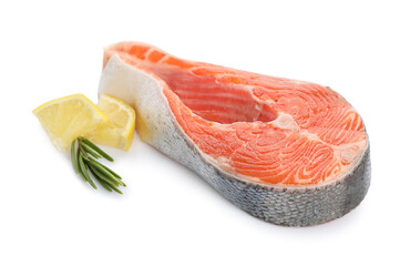 Fresh salmon steak, lemon and rosemary isolated on white