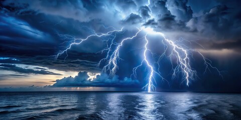 Lightning storm at sea with a powerful and dangerous presence and a sense of raw energy and power