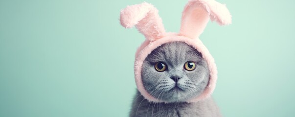 Gray cat wearing pink bunny ears on turquoise background, playful pet concept