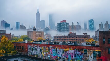 A towering cityscape, its base wrapped in vivid graffiti murals while the structure disappears into misty clouds, blending art with urban life