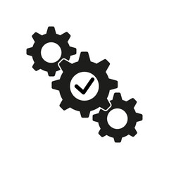 Three cogwheels icon. Check mark inside gear. Black and white gears. Vector technical symbol.