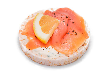 Rice Cake Sandwich with Fresh Salmon and Lemon - Isolated on White Background. Diet Food. Quick and Healthy Sandwiches. Crispbread with Fresh Fillings. Healthy Dietary Snack