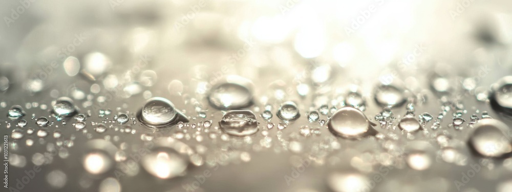 Poster glassy oasis, macro view of pristine water droplets on a smooth surface, capturing gentle reflection