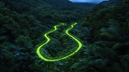 A winding path through a lush jungle with glowing green leaves