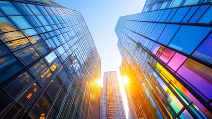 Fototapeta premium A futuristic 1960s skyline, bold street murals in technicolor popping against towering, reflective skyscrapers, capturing the energy and defiance of the era