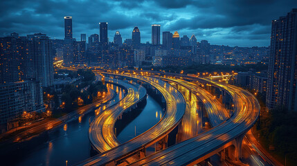 Fototapeta premium Highway, cityscape, river, bridge, street lights, skyscrapers, aerial view, urban landscape, evening light