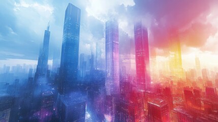 A dynamic urban scene where futuristic skyscrapers rise above colorful street art, capturing the energy and creativity of a modern city, portrayed in watercolor