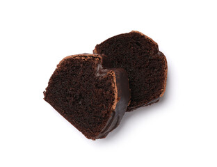 Slices of tasty chocolate sponge cake isolated on white, above view