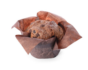 Delicious sweet muffin with chocolate chips isolated on white