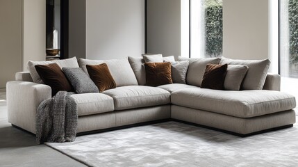 Fototapeta premium Cozy sectional sofa with decorative pillows in a modern living space.