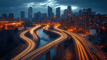 Obraz premium Highway, cityscape, river, bridge, street lights, skyscrapers, aerial view, urban landscape, evening light