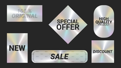 Holographic stickers logos emblem labels color set. Special Offer Discount. For packaging product of promotional material. Sticker for clothes or accessories. Vector illustration.