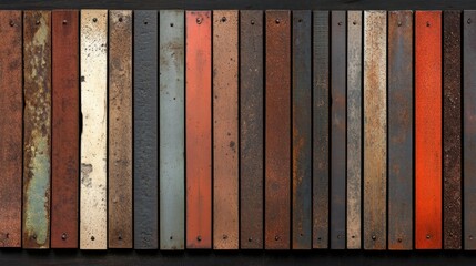 A collection of weathered metal panels in various colors and textures.