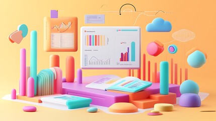 Colorful 3D Abstract Composition with Charts and Geometric Shapes