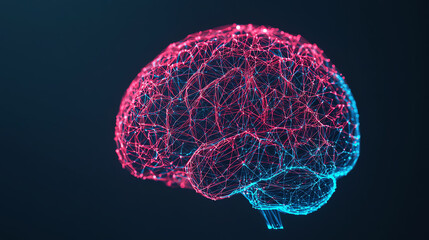 A digital illustration of a human brain network, showcasing intricate connections in vibrant blue and pink colors against a dark background.