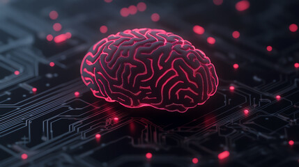 Fototapeta premium A digital representation of a brain, showcasing intricate neural pathways highlighted in red, set against a dark, circuit-like background, representing advanced technology concepts