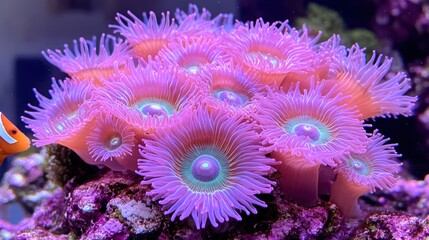 Obraz premium Vibrant coral with pink tentacles in a marine aquarium setting.
