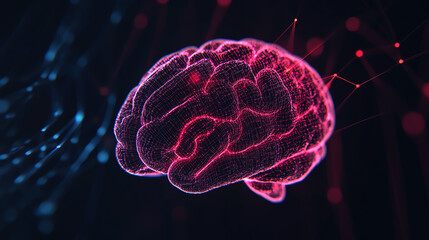 A highly detailed digital rendering of a brain illuminated in vibrant pink against a dark, abstract background, symbolizing intelligence and cognitive processes.