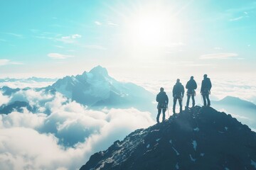 An Unsplash-style shot of a group of climbers at the top of a mountain, surrounded by clouds and endless skies. The team stands in awe of the view below,their silhouettes framed against the bright sun