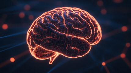 Obraz premium A vibrant, glowing representation of a human brain, showcasing intricate neural connections and activated regions