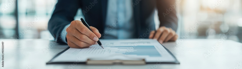 Poster a professional individual is signing or reviewing a document with graphs, emphasizing business and a