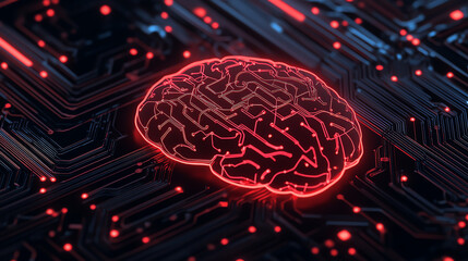 A vibrant red digital brain design, intricately connected with circuitry, symbolizing artificial intelligence and advanced technology.