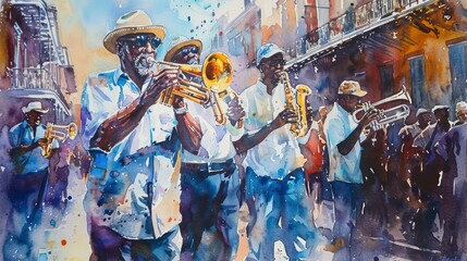 Vibrant Watercolor Illustration of New Orleans Musicians
