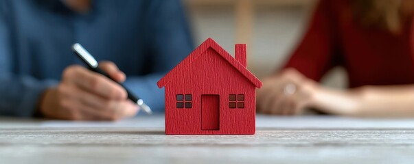 A red house model sits on a table while two people discuss paperwork, symbolizing home buying and real estate decisions.