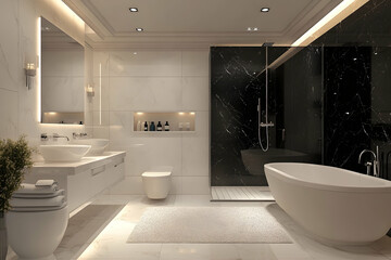 Modern Bathroom Interior Design with White Marble Tiles and Black Marble Shower 3D Illustration