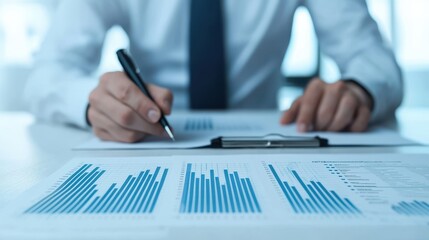 A man in a suit analyzes data on a report while writing notes, surrounded by graphs and charts.