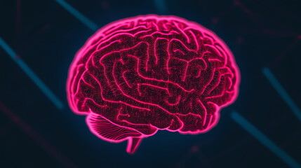 Vibrant neon brain illustration on a dark background, representing intellect and neural connections in a visually striking design.