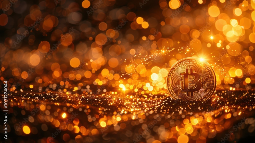 Aufkleber gleaming bitcoin on golden background with hopeful vibes
