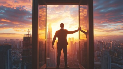 A businessman stands in front of an open door, reaching out to touch the cityscape within, symbolizing his reach toward success and growth.