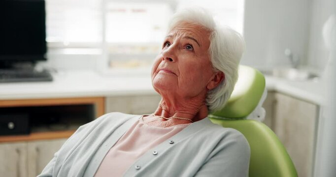 Senior woman, anxiety and consult at dentist, orthodontics appointment and healthcare service. Female person, nervous patient and fear for root canal procedure, toothache and treatment in retirement