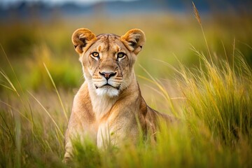 Obraz premium Lioness relaxing in tall grass