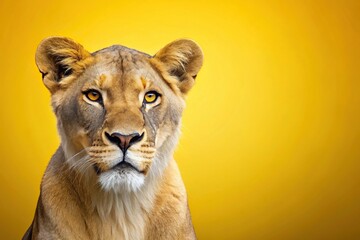 Obraz premium Lioness sitting at a tilted angle on yellow background with copy space