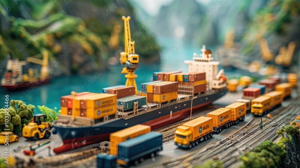 Poster Detailed Model of Cargo Ship with Container Offloading