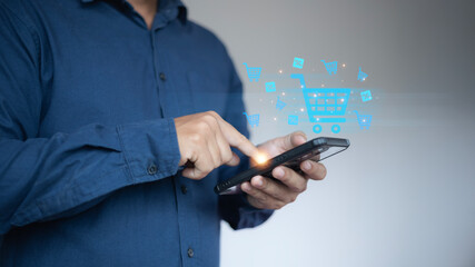 Online shopping made easy with internet technology: A man buys products online, enjoying fast shipping and the convenience of modern retail in daily life.