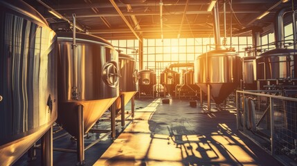 Industrial Brewery Interior with Shiny Steel Tanks and Sunlight