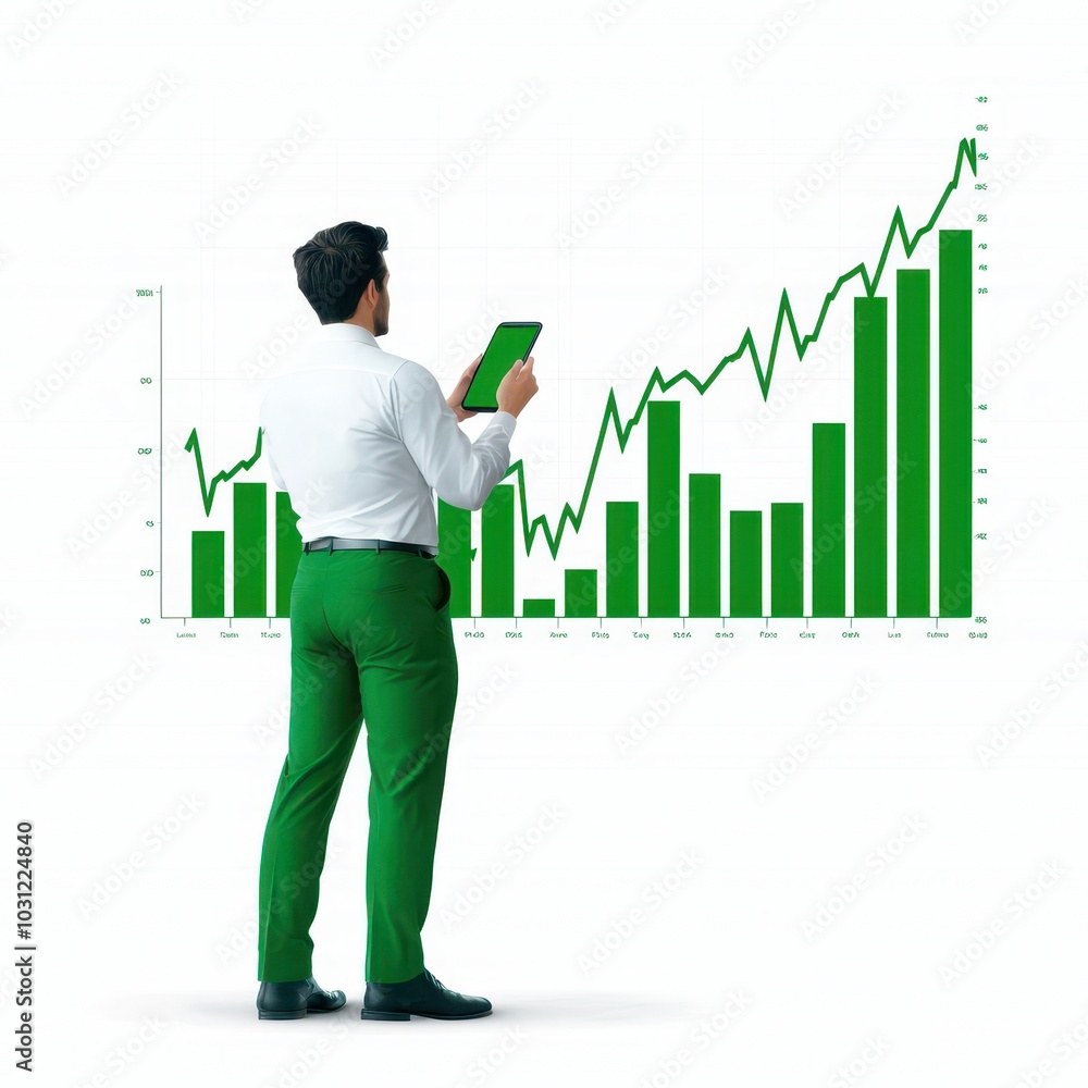 Poster a man analyzes a green bar graph and line chart on a digital screen, representing growth and financi