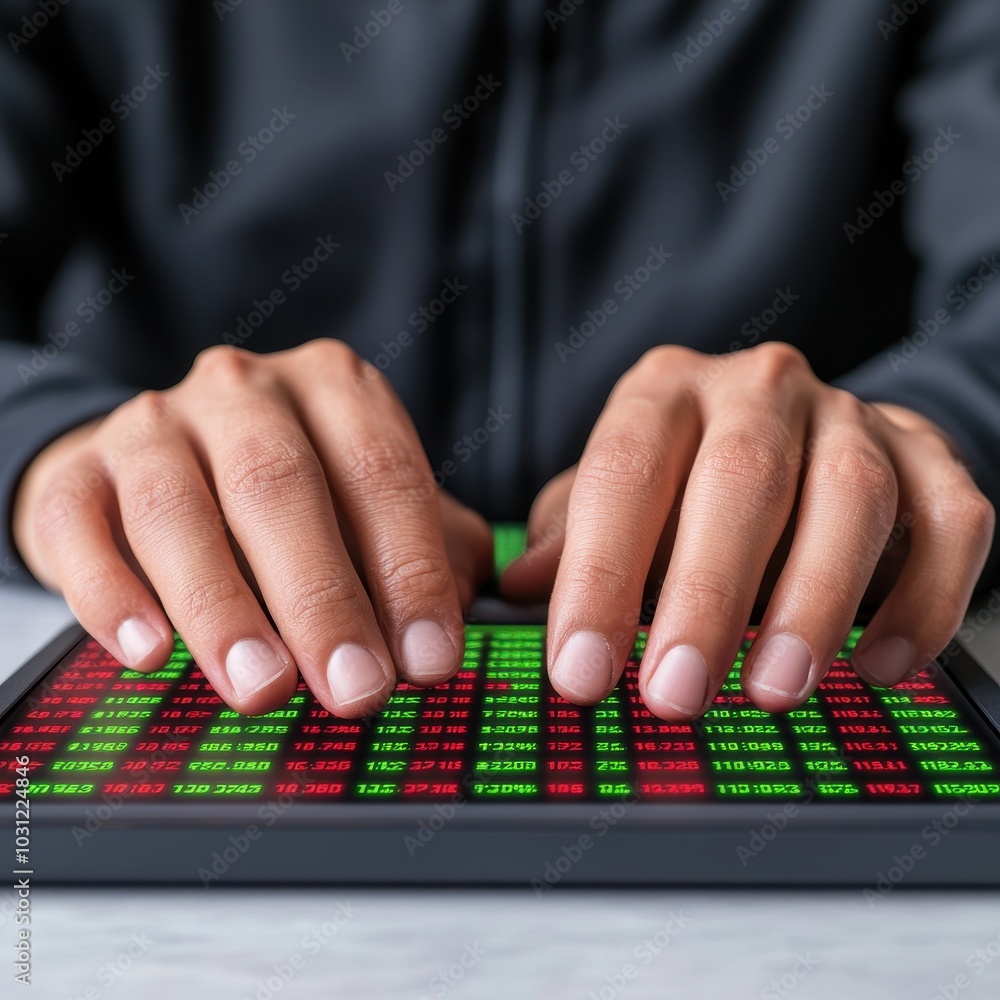 Poster a person analyzes stock market data on a digital screen displaying fluctuating green and red indicat