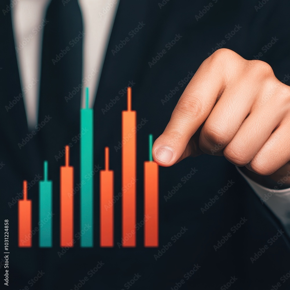 Poster a businessman points at a colorful bar graph, indicating a rise or analysis in financial performance