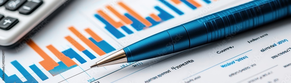 Poster a close-up of a blue pen resting on a financial report with colorful bar graphs and a calculator, il