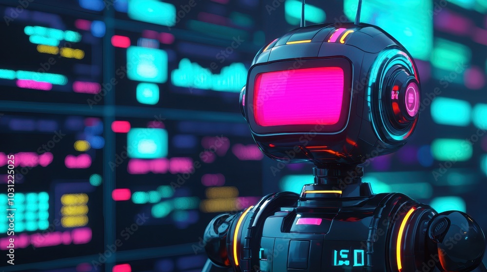 Poster a colorful, futuristic robot with a vibrant screen for a face stands against a backdrop of glowing d