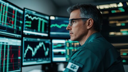 Fototapeta premium A focused professional analyzes market data on multiple screens in a modern trading environment.