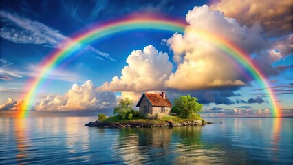 Lonely cottage on island with rainbow and colorful pastel clouds