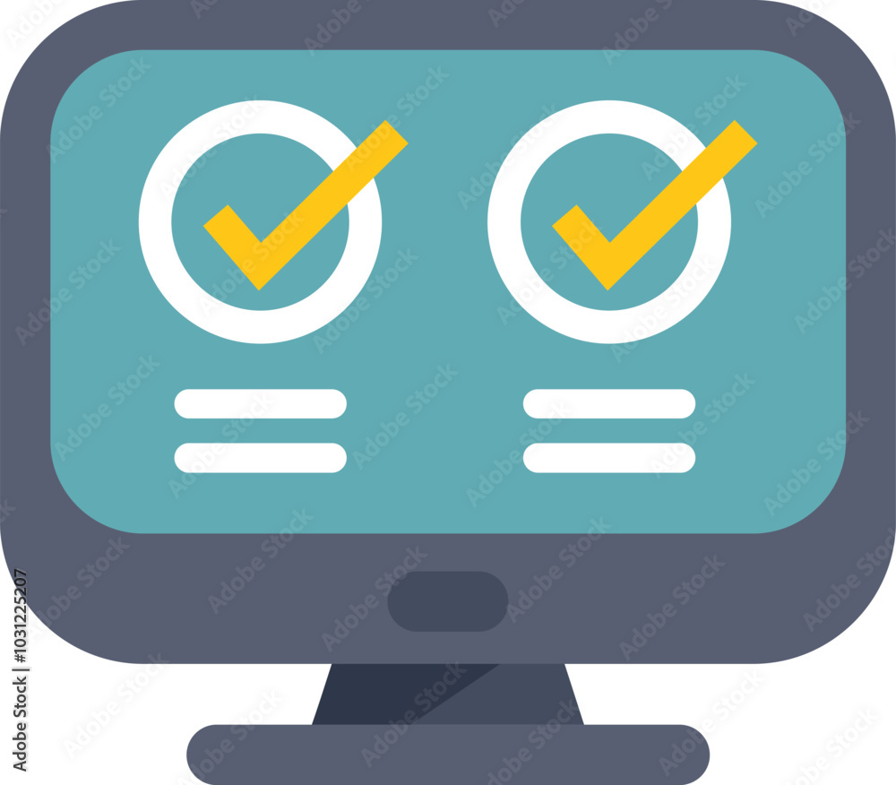 Poster computer showing validating process with two check marks on screen, concept of online survey, test, 