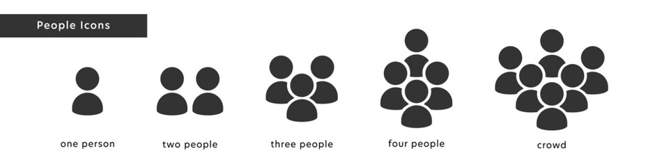 1人から複数までのピクトグラム人物アイコンセット(白黒)