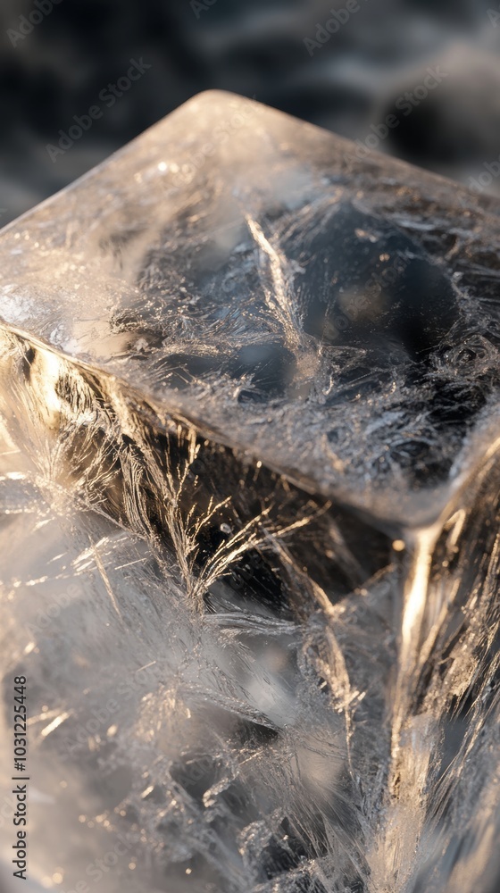 Poster translucent ice cube with intricate cracks, frosted textures revealed in sharp detail, capturing the